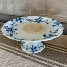 Antique 1890s Furnivals Carnation Blue Transferware Cake Stand Crazed Stained