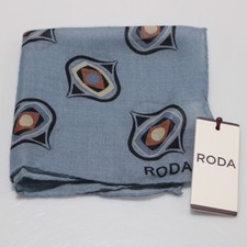 Roda NWT 100 Wool Pocket Square In Blue with Black / Orange / Cream Geometric