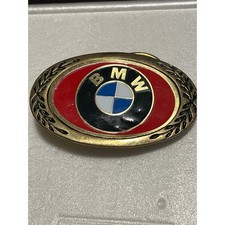 Vintage BMW Belt Buckle Brass Tone Red Enamel Logo Oval Laurel Wreath Automotive