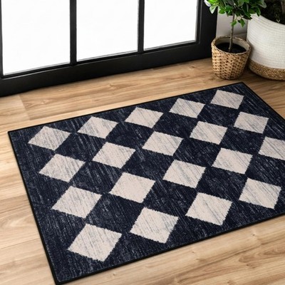 Zelie Moroccan Trellis Area Rug, 2x3 Small Black Checkered Entryway Rug Non S...