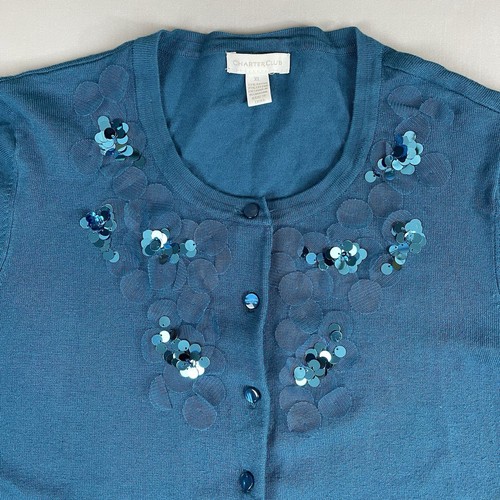 Charter Club Sequin Trim Boxy Cardigan Sweater Women’s XL Teal Blue Preppy - Picture 4 of 14
