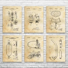 Scuba Diving Patent Wall Art Set of 6 Poster, Canvas or Framed Swimming Gifts