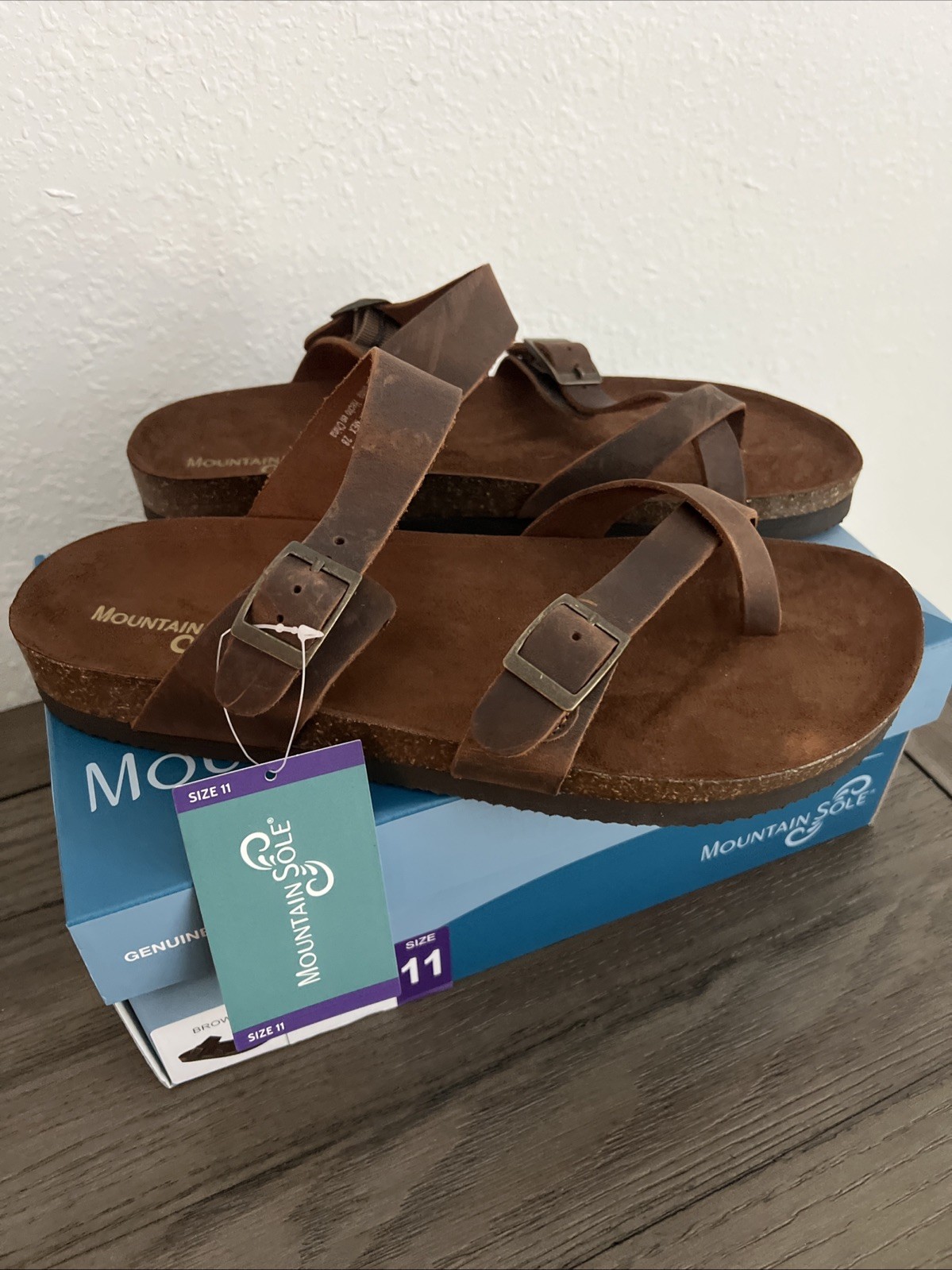 SAOLA Sandalo donna pelle suola montagna taglia 11 marrone nuovo con scatola