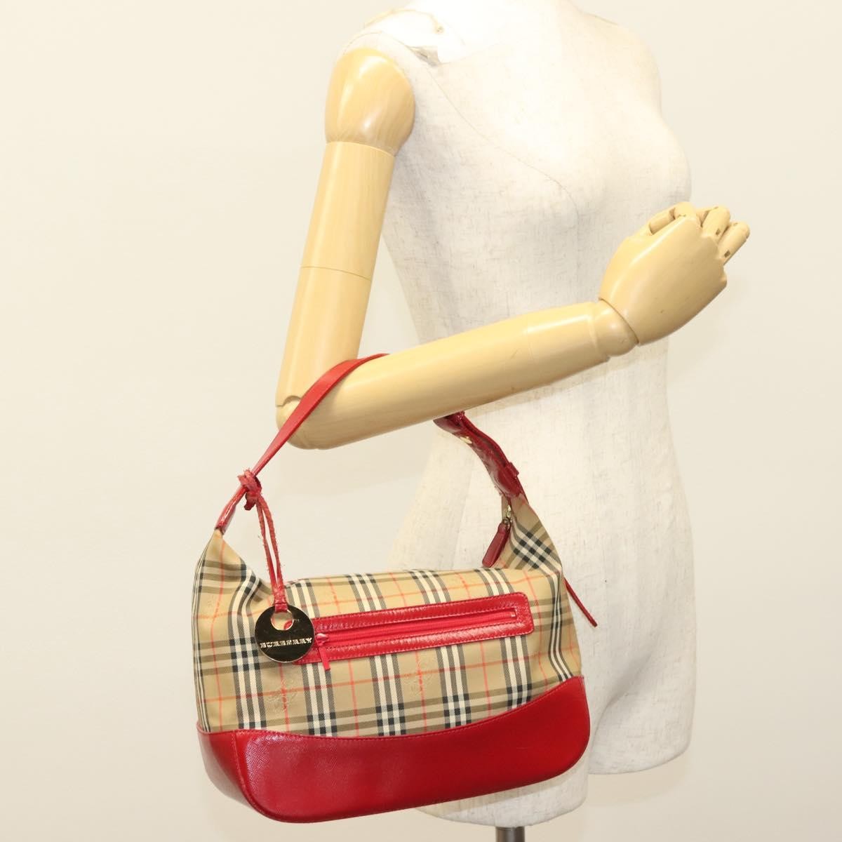 BURBERRY Nova Check Shoulder Bag Canvas Leather Beige Red 