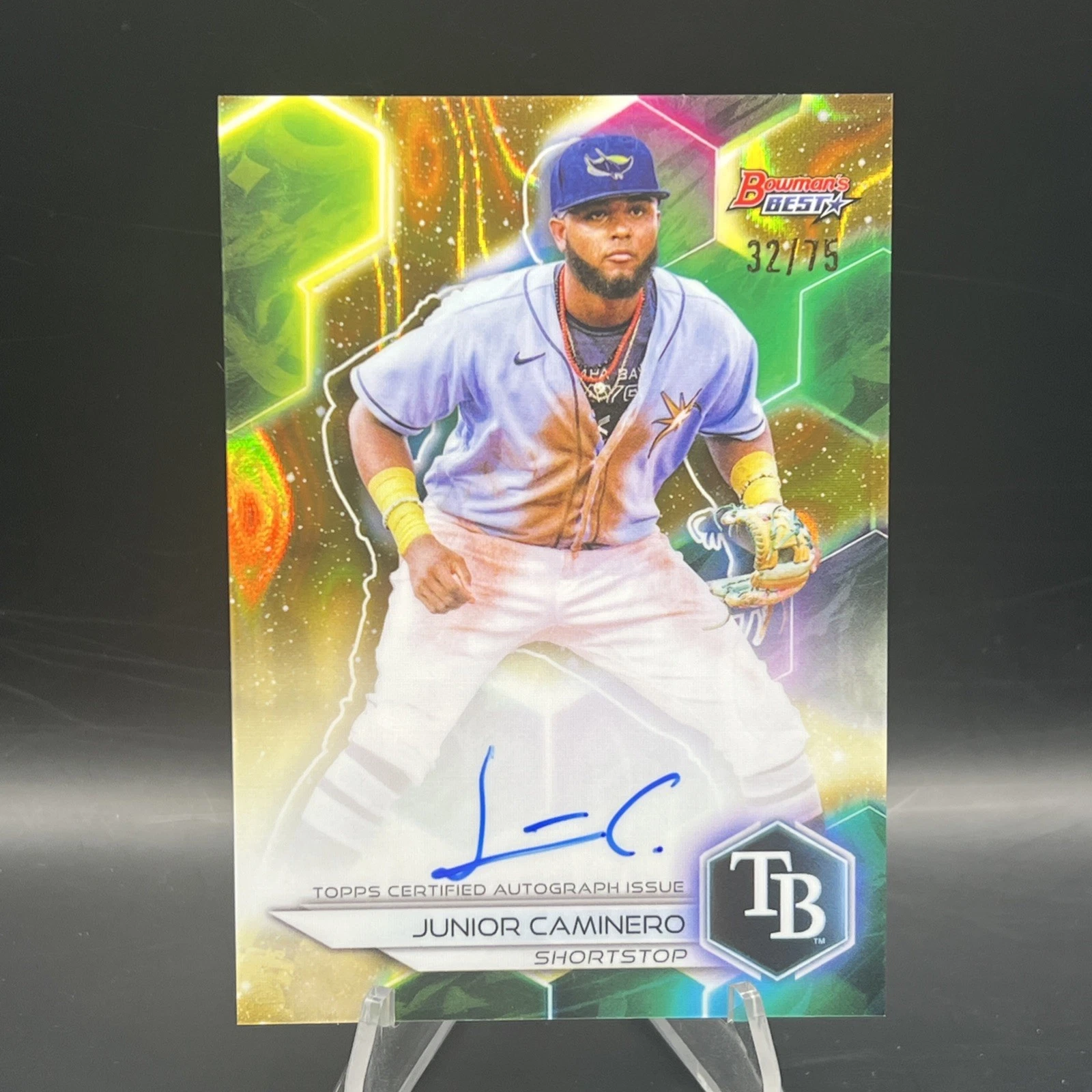 Junior Caminero 2023 Bowman's Best AUTO Prospect GOLD Lava REFRACTOR 32/75 RC