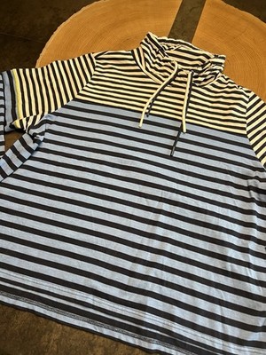 ULLA POPKEN SHIRT SZ 24/26 STRIPED BLUE GREEN MOCK NECK DRAWSTRING LONG SLEEVE