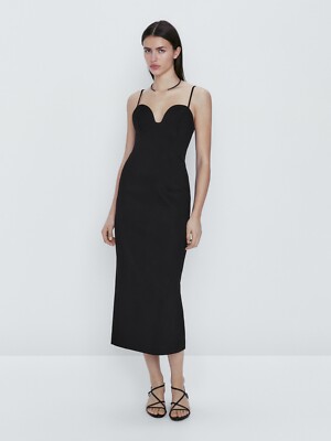 Massimo Dutti dress 6693 870 sweatheart neck black little midi dress S 4 6  LBD | eBay