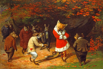 HIS MAJESTY RECEIVES KING FOX RABBITS SQUIRRELS ANIMAL HUMOR BY BEARD REPRO