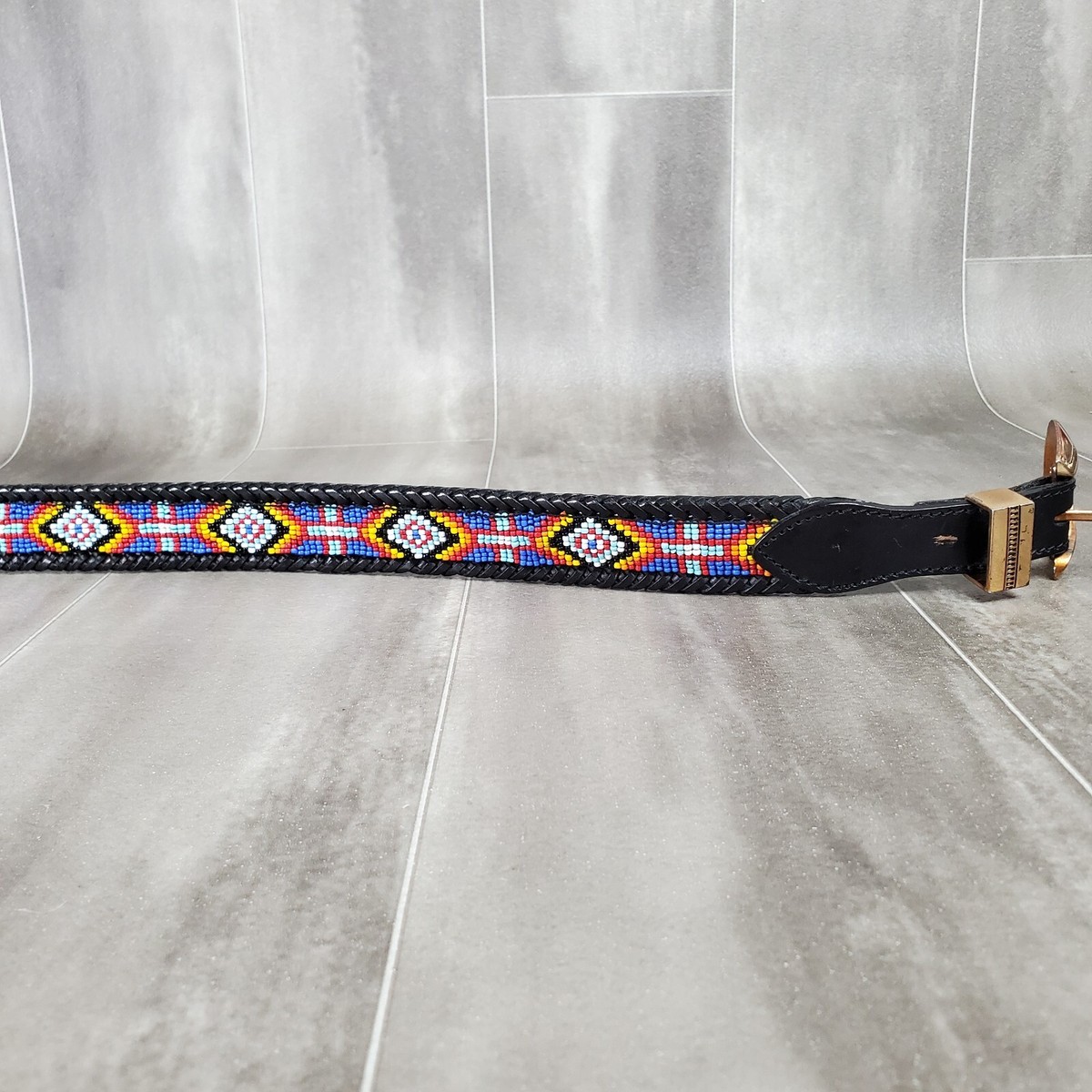 Eddie Bauer 1991 Vintage Beaded Black Leather Belt Native Eddie Bauer 1991 Vintage Beaded Black Leather Belt Native