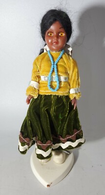 Vintage UNIQUE USA 8'' Native American Doll w/-Sleepy Eyes-on Stand