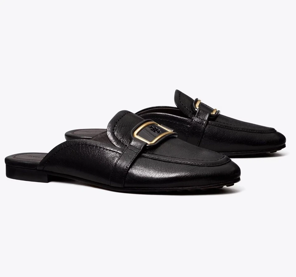 Mocassim Tory Burch novo na caixa US$ 298 Georgia sem costas mulas logotipo ouro preto