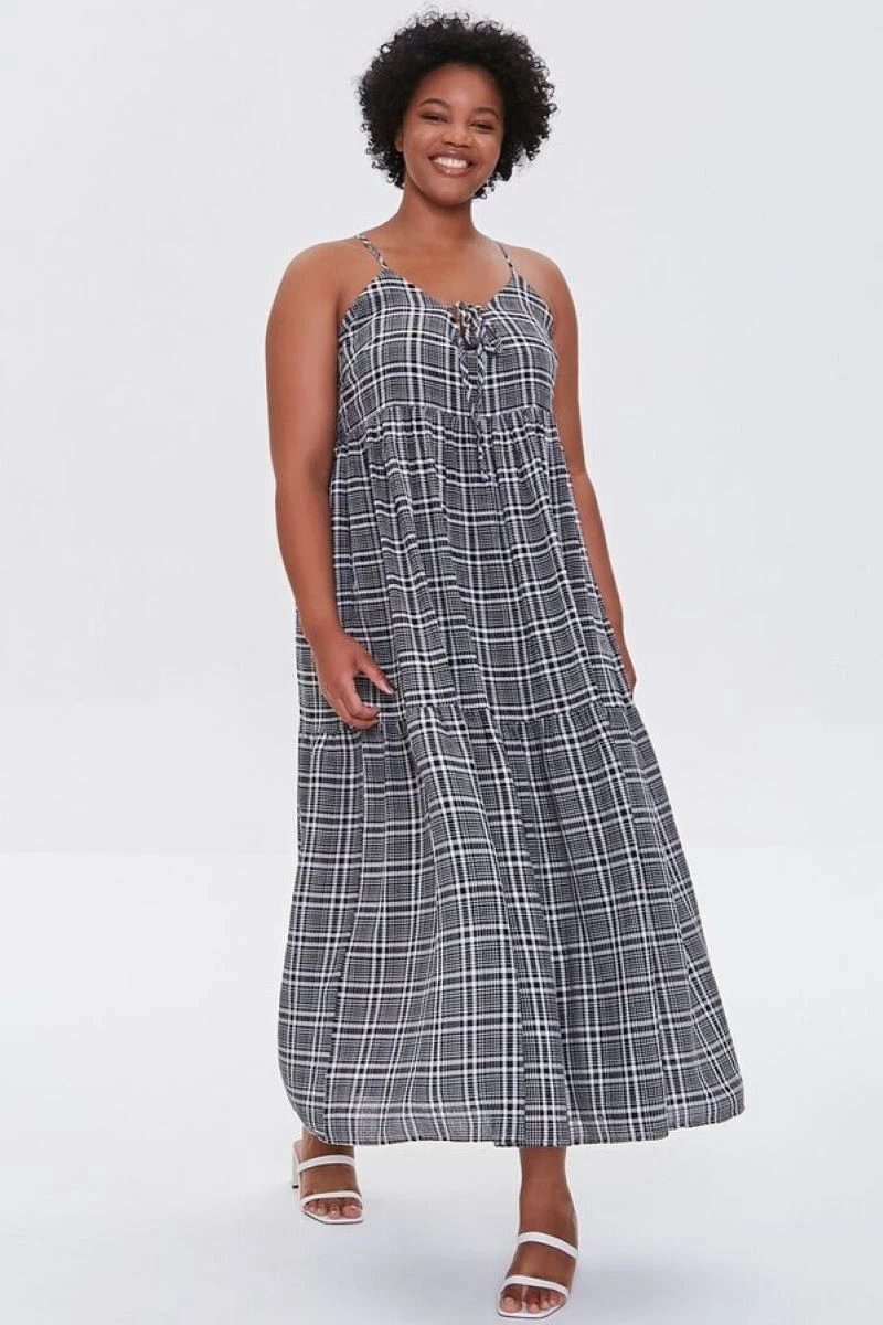 Forever 21 Plus Size Plaid Cami Maxi Dress Black Cream Size 1X NEW