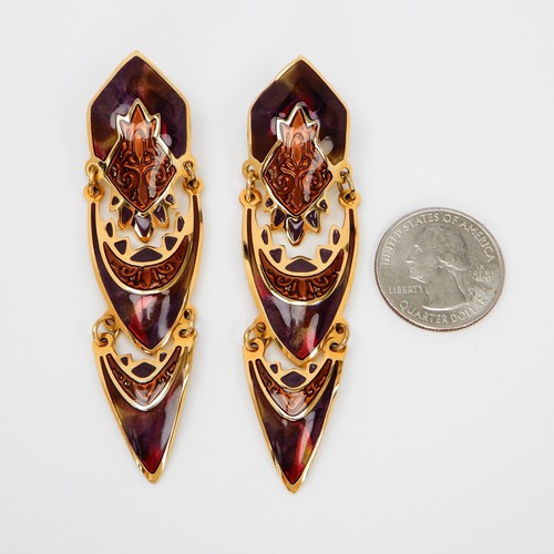 Pendientes colgantes vintage firmados por BEREBI púrpura esmaltado tono dorado, 3" - Imagen 5 de 12