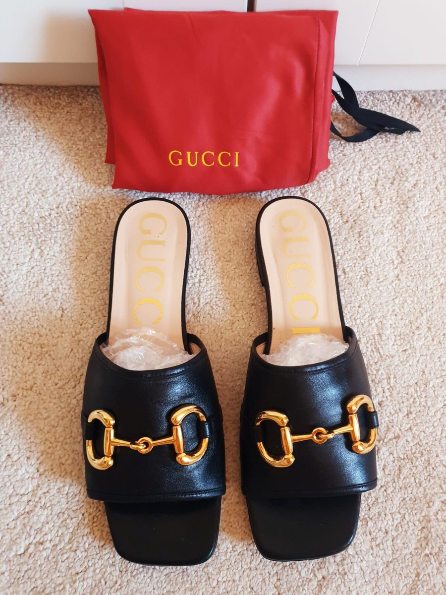Gucci Women Black Leather Horsebit Slide Sandals Flats UK 5 EU 38