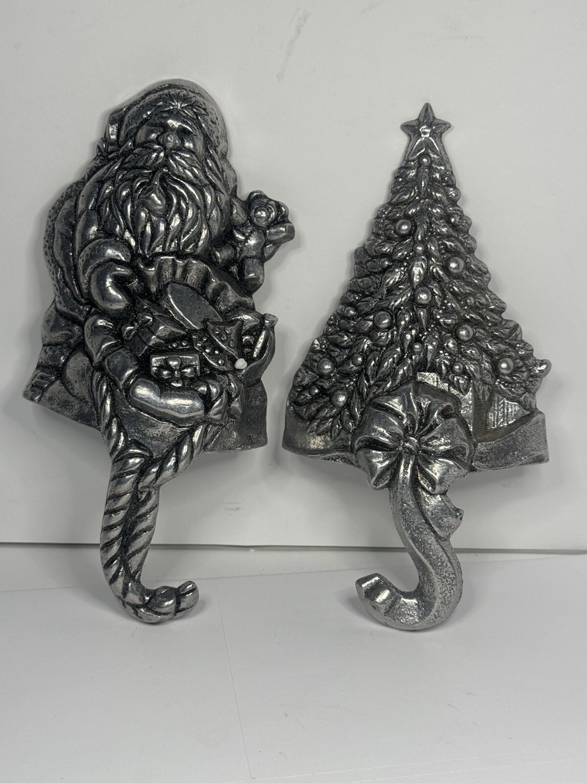 Carson Pewter Christmas Stocking Hangers with Hooks Santa and Tree Vintage