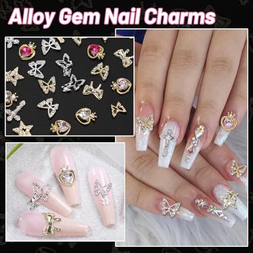66 Pcs Silver Gold Butterfly Heart Bow Nail Gems Charms Kit 3D Cross Star C2 - Picture 7 of 7