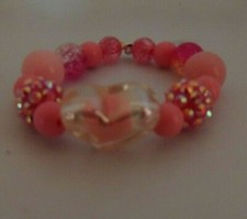 NEW girls BEADED stretch BRACELET pink handmade HEART rhinestone bead balls