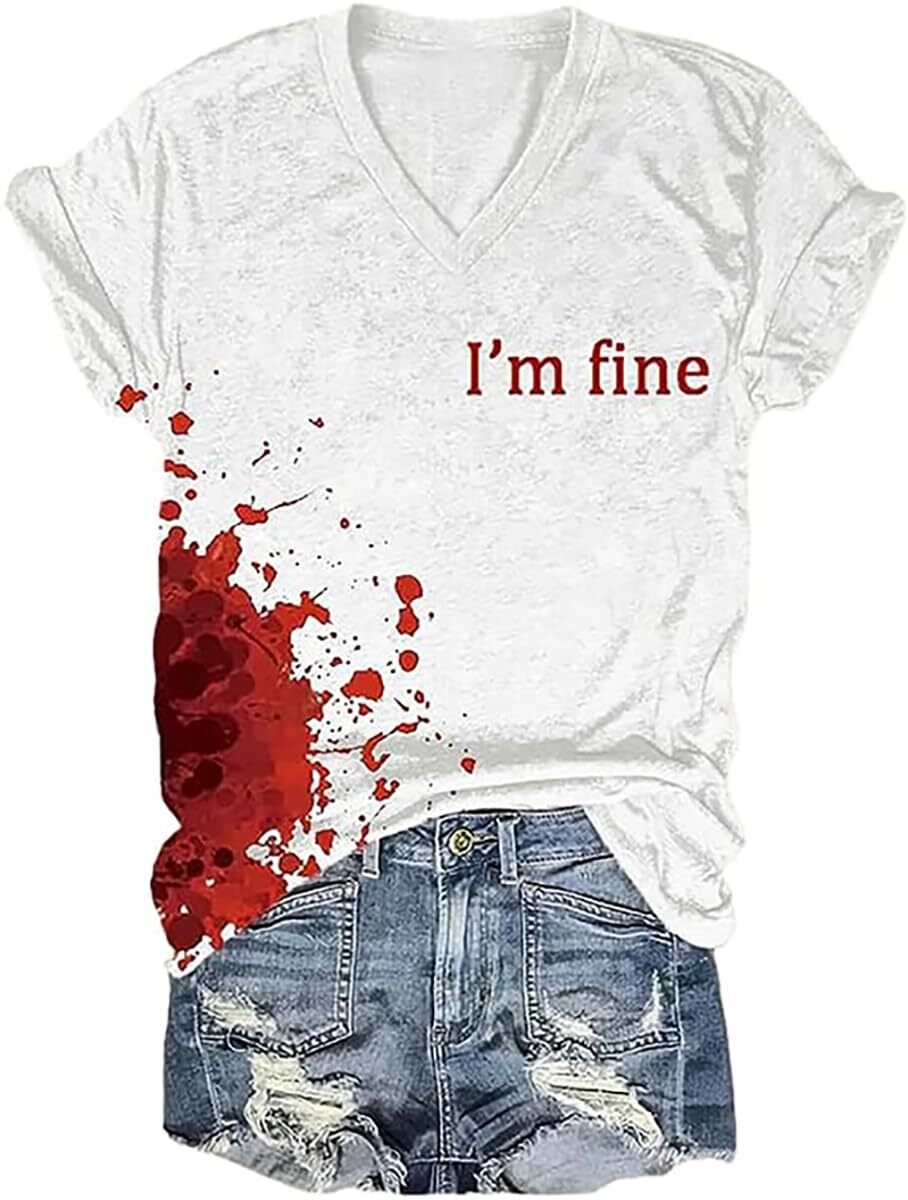 I'm Fine Blood Graphic T-Shirts Blood Stain Hand Shirt Sarcastic Humor Saying...