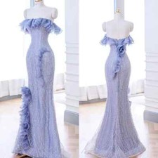Lavender Purple Flower Ruffles Lace Mermaid Evening Dresses Sleeveless Prom Gown