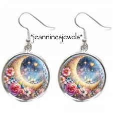 Crescent Moon EARRINGS Summer Dream Celestial Art Print Silver Charm Dangle