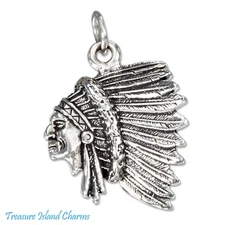 Native American Indian Chief Head in Headdress 925 Sterling Silver Charm Pendant