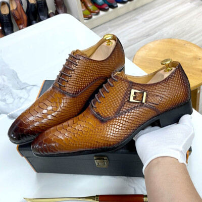 Men's Genuine Leather Snake Pattern Shoes Business Wedding Dress Lace Up Shoes
