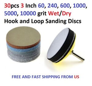 30pcs/set 60-10000 Grit Wet/Dry Sandpaper Disc Hook And Loop Sanding Pads 3in