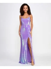 CRYSTAL DOLLS Womens Purple Lined High-slit Spaghetti Strap Gown Dress Juniors 1