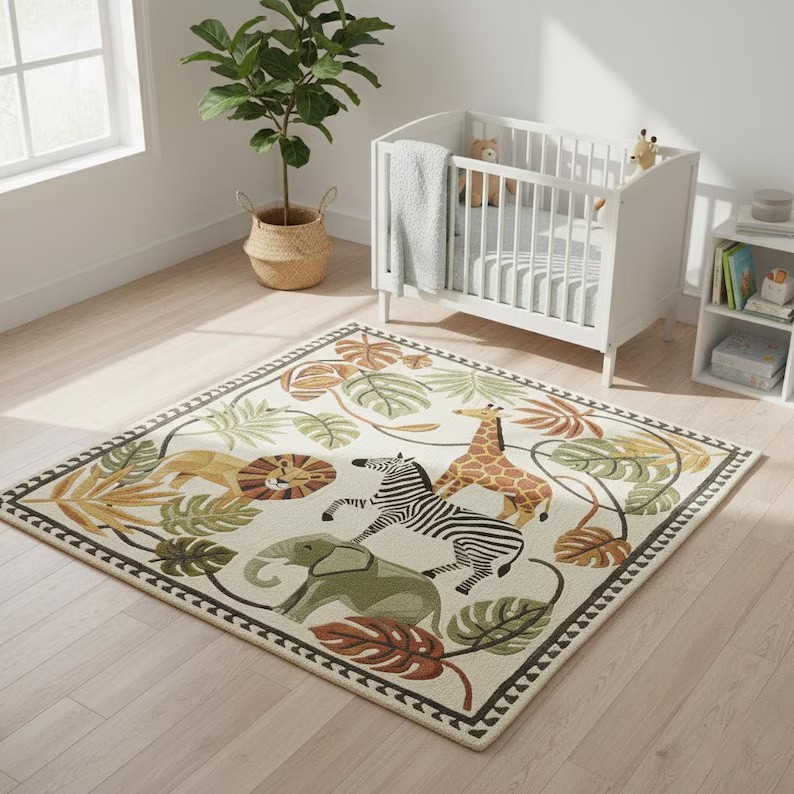 Hand Tufted Jungle Safari Rug – Animal Nursery Carpet with Lion, Giraffe, Zebra