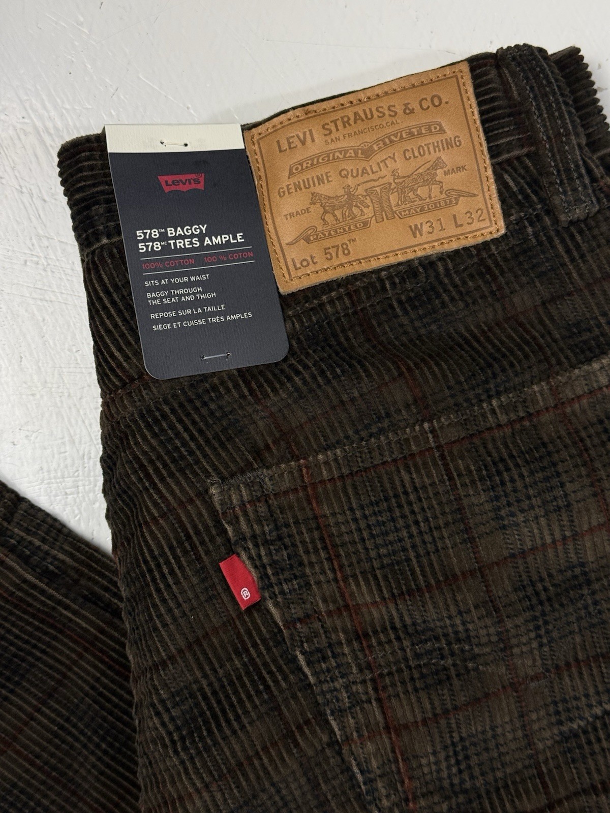 Levis Premium 578 Baggy Corduroy Jeans Men 31 x 32 Jeans Brown Ennis Plaid Pants thumbnail 2