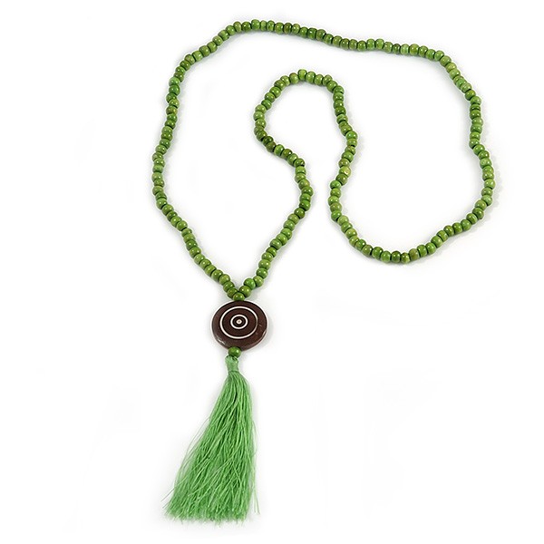 Long Spring Green Wood Bead Cotton Tassel Necklace - 90cm L/ 15cm Tassel