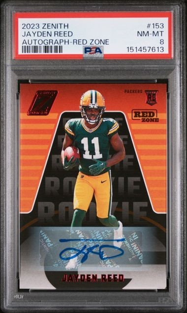 PSA 8 - 2023 Panini Zenith Rookies Jayden Reed #153 Red Zone Autographs (AU, RC)