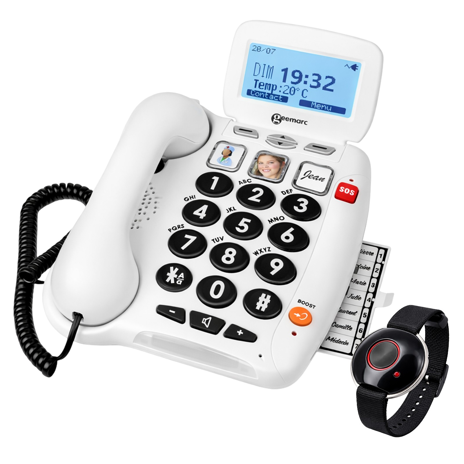 Téléphone fixe Geemarc blanc à grosses touches avec médaillon SOS