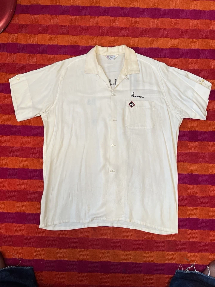 Vintage SWINGSTER BOWLING ROCKABILLY LOOP COLLAR CHAIN STITCH GABARDINE SHIRT L - Image 2 of 4