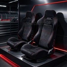 Universal 2x Reclinable Racing Seats Dual Slider Black Suede Red Suture Seat