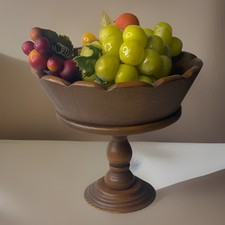 Vintage Wooden Pedestal Fruit Bowl Scalloped Edge Rustic Farmhouse Centerpiece