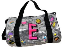 Justice Girls Silver Sequined Duffle Bag With Pink E And Emojis 16x11  