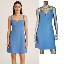 GUCCI DRESS CADY CREPE WOOL SILK SKY BLUE w CRYSTAL G LOGO sz IT 44 US 8