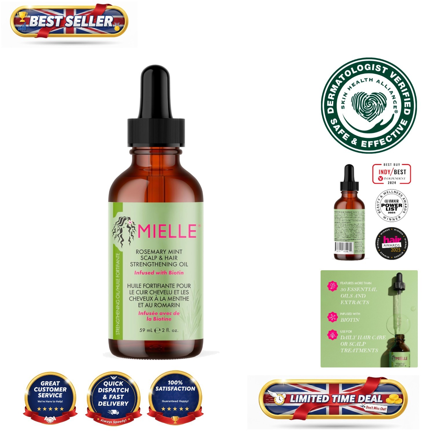 Rosemary Mint Hair Oil with Biotin – 59ml for Split Ends & Growth