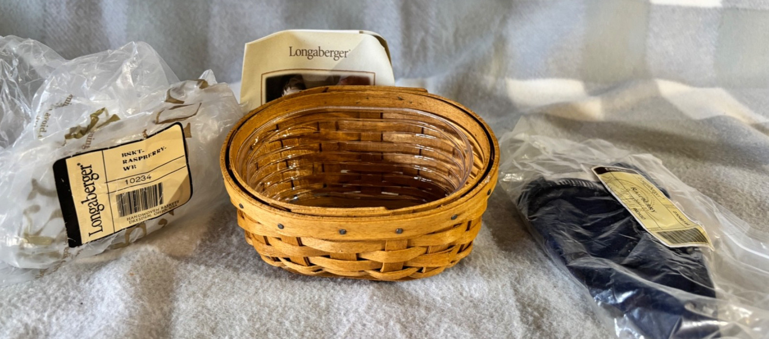 Small Longaberger Basket 5-1/2 Inches Tilted Top 2005, w/ protector & fabric