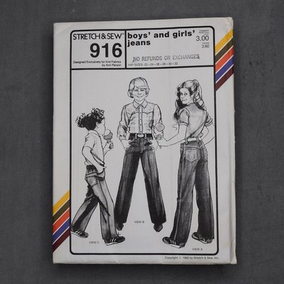 Stretch & Sew 916 Boys & Girls Jeans Hip 22-32 1982 Vintage Pattern UNCUT