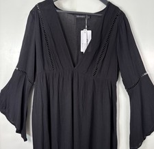 Womens Black Swimsuit Cover Up Boho Summer Beach Dress Deep V-Neck Sz L NEW