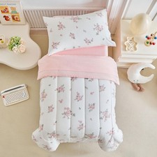 4 Piece Bedding Set- Floral Pink n White Design, Microfiber Bedding Comforter...