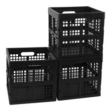 18 Quart Square Folding Milk Crate, 3 Pack Black Stackable Storage Crate, Pla...