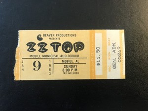 ZZ Top Ticket Stub, Mobile, Alabama, Jan. 9, 1983