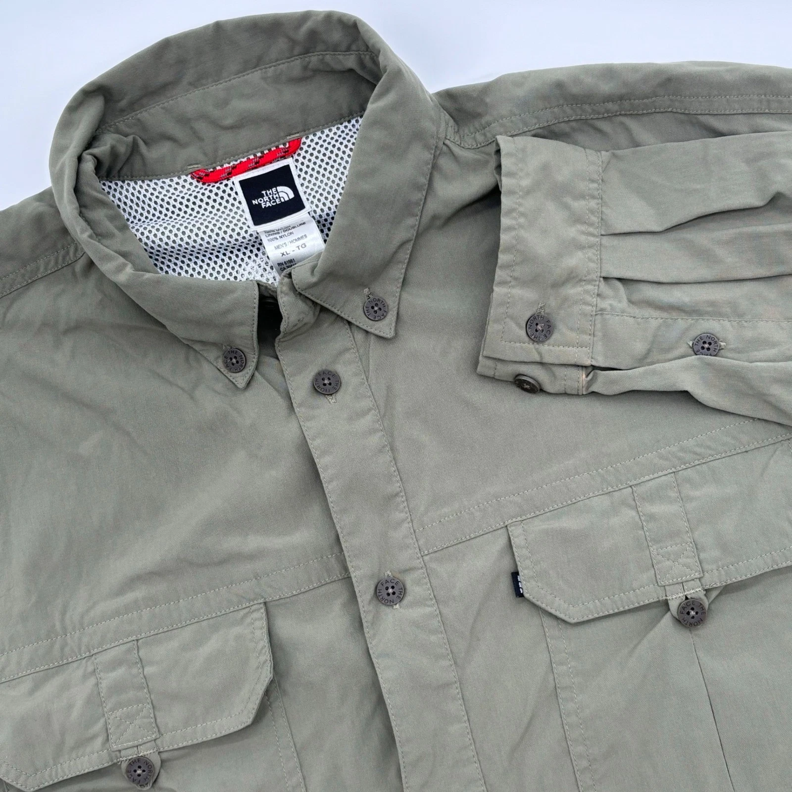 The North Face Mens XL Long Sleeve Hiking Shirt Button Down Olive Green Vented