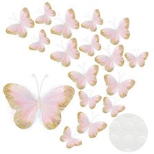 16 Pieces Feather 3D Butterfly Wall Decals Gold Glitter Butterfly Light Pink