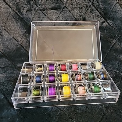 Sewing Metal Bobbins Lot of 17 With New Used Thread in Storage Case Holder