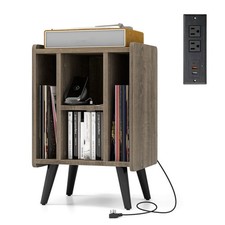 Record Player Stand w/ Charging Station 4 Storage Compartments Supporting Legs