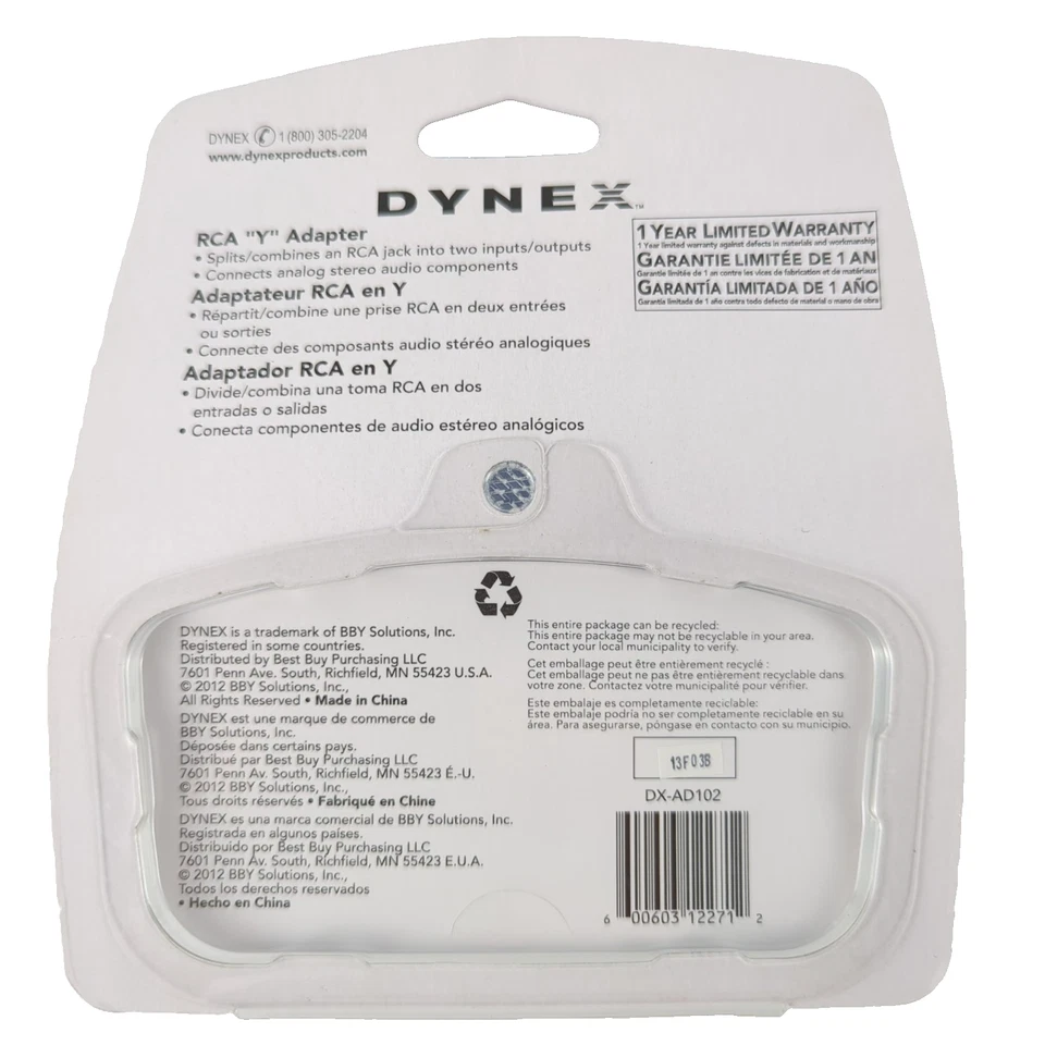 Adaptador de audio DYNEEX RCA cable divisor en Y 1 macho a 2 hembra negro NUEVO Foto 2 de 3